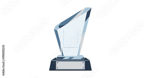 Modern glass or crystal award trophy on a dark base with a silver plaque intended for detailed personalized engraving.