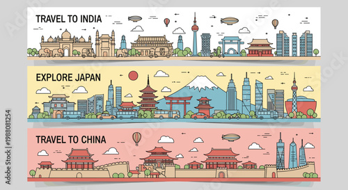 Set of three travel banners for India, Japan, and China showcasing famous landmarks and colorful cultural icons.