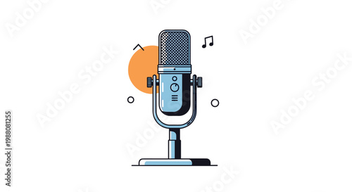 Classic retro studio microphone on a sturdy stand with musical notes and various geometric shapes in the background.
