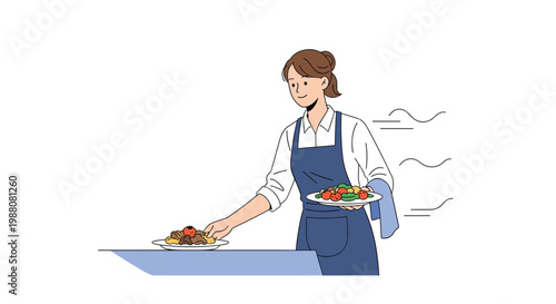 Friendly waitress wearing a blue apron serving two plates of delicious food in a fast-paced restaurant environment.