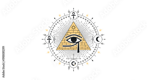 Esoteric mystical symbol featuring all-seeing eye in pyramid with zodiac signs, ankh, and celestial motifs in vintage woodcut style.