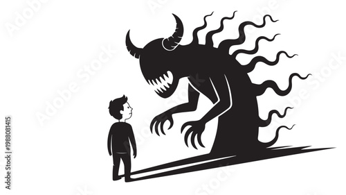 Horror Monster Silhouette Confronting Child Vector Illustration for Fear Anxiety and Nightmare Concepts