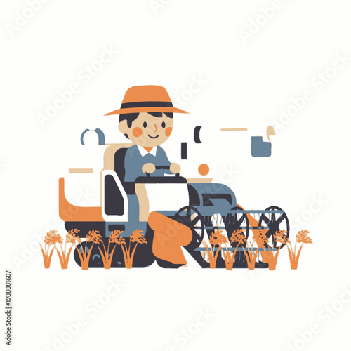 Farmer driving combine harvester in field, harvesting crops, agricultural illustration