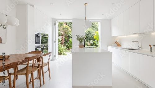 A modern kitchen with a dining area and a garden view through a large window