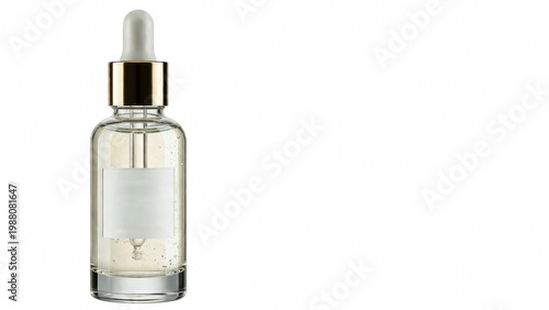 Glass dropper bottle with gold cap and clear liquid inside  cosmetic product