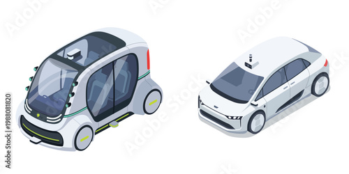 Simple isometric flat vector set of a futuristic autonomous vehicle, clean shapes, white background, no outlines