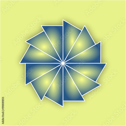 A radiant geometric pinwheel blooms in cool blues and warm greens, spinning symmetry into light, evoking motion, harmony, and a calm, luminous energy.