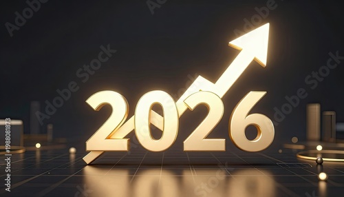 A glowing 3D rendering of the year 2026 with an upward arrow indicating growth and progress in a futuristic setting