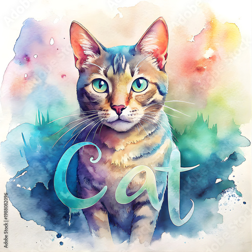 Colorful watercolor cat illustration with “Cat” typography, vibrant pet art, nursery decor, greeting cards, posters, social media graphics