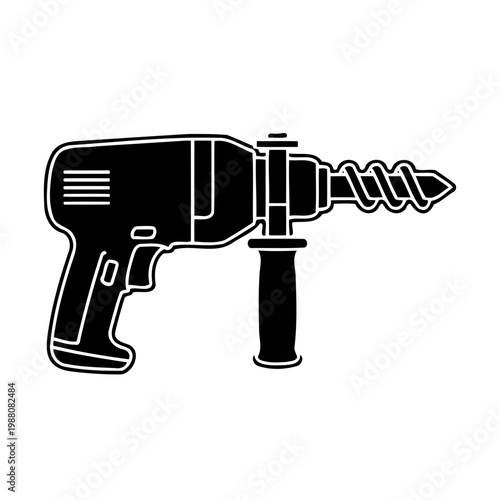 A black and white illustration of a power drill
