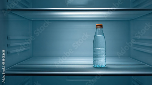 An empty refrigerator with only a half-used bottle of water