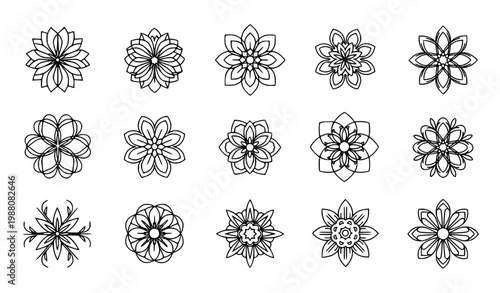 Quadro su tela Minimal Geometric Flower Icon Set – Floral Mandala Line Art Bloom Symbols Collec