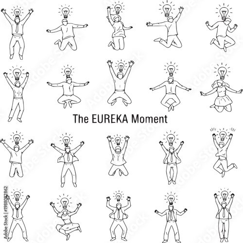 eureka moment illustration set of diverse people celebrating breakthrough ideas with lightbulbs