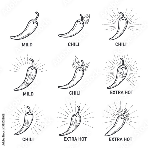 Chili Pepper Heat Level Icons: Mild, Chili, Extra Hot