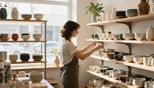 A woman in a pottery store carefully selecting a ceramic piece from a shelf filled with various dishes and vases.