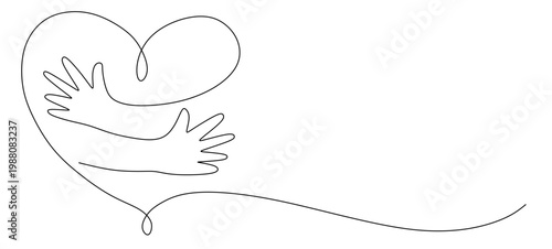 a continuous line drawing of two hands embracing or hugging each other, creatively intertwined to form a heart symbol. a vector image of a single black line on a white background, a symbol of affectio