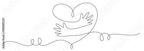 a continuous line drawing of two hands embracing or hugging each other, creatively intertwined to form a heart symbol. a vector image of a single black line on a white background, a symbol of affectio