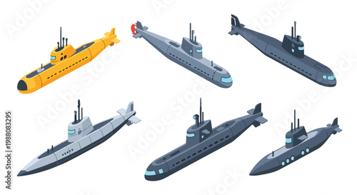 Isometric vector set of diverse military and exploration submarines, showcasing various models and designs for naval operations and deep-sea research