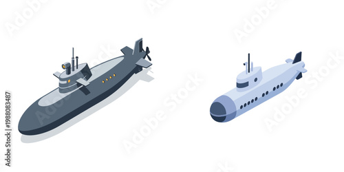 Two types of underwater vessels shown from a unique isometric perspective, one military and one civilian