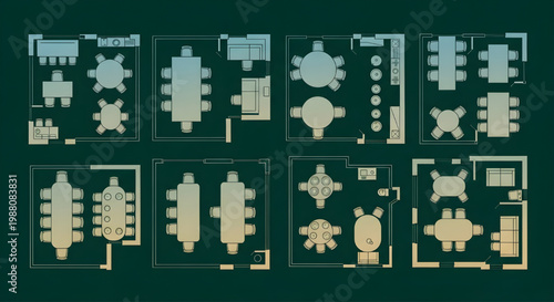 Dining Furniture Layout Top View Blueprint Vector Collection – AutoCAD Multi View Architecture Plan Yellow White Gradient Outline on Dark Green Background