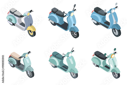 Retro Isometric Scooter Vector Illustrations. Stylish Classic Mopeds in Pastel Tones for Urban Transport and Leisure