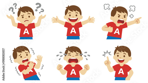 Charming cartoon boy characters in red shirts displaying multiple emotions and gestures.