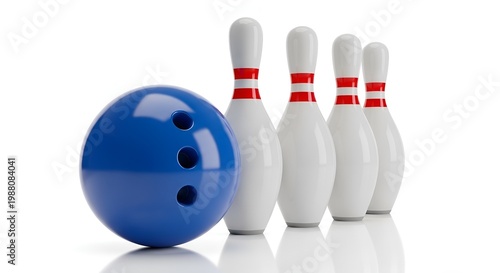 blue bowling ball and pins on white background, sport