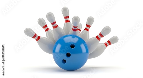 blue bowling ball knocking down pins on white background