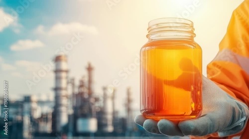 Industrial Scientist Holding Jar of Orange Liquid Against Background of Oil Refinery and Blue Sky