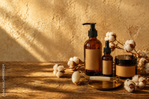 Natural organic skincare products and cotton flowers arranged on a rustic wooden surface with warm light shadows