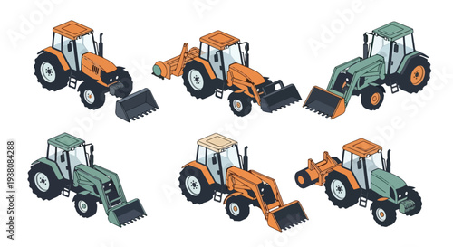Isometric vector illustrations heavy machinery collection. Tractors and front loaders for agriculture and construction. Modern graphic style depicting industrial equipment