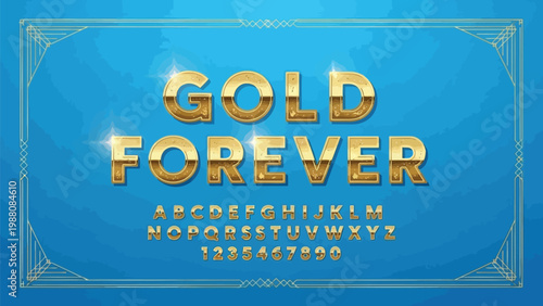 Retro pixelated text displaying gold forever with alphabet and numbers below Vector