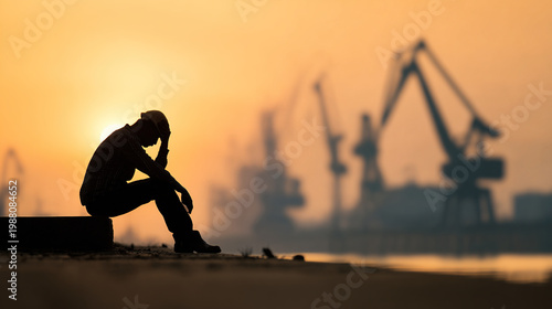 Silhouette of a dejected worker sitting on a curb outside a factory