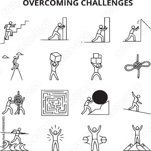 flat design vector illustration of diverse people overcoming challenges and obstacles in business and life