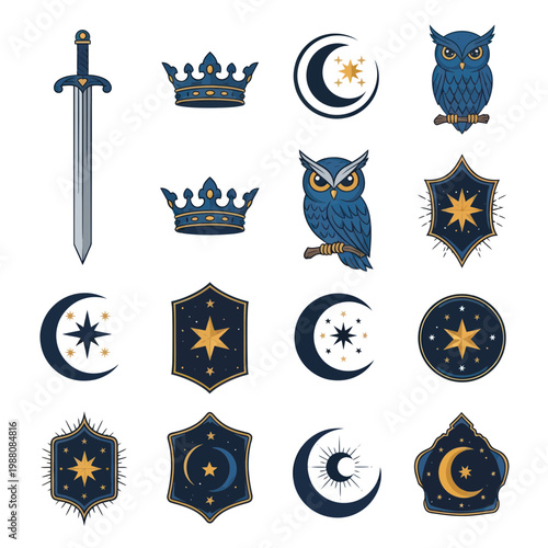 Mystical Symbols: Owl, Crown, Sword, Moon, Stars - Esoteric Icon Set