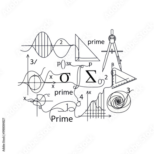 Mathematics and Science Symbols Collage: Graphs, Formulas, Geometry, Prime Numbers