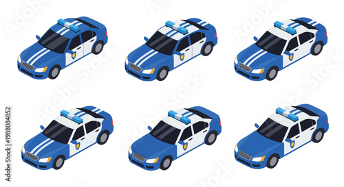 A collection of isometric vector illustrations featuring uniform blue and white police patrol cars, symbolizing readiness in law enforcement, public safety, and emergency response