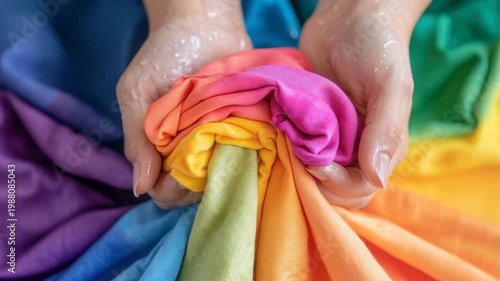 Hands Holding Vibrant Multi-Colored Fabric in a Rainbow Arrangement with Water Droplets on Skin