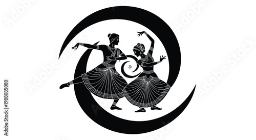 Indian classical dance, Bharatanatyam vector silhouettes, traditional dancers, black and white icons