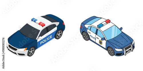 Isometric Police Car Illustrations for Law Enforcement and Public Safety. A Modern Vector Graphic Set of Patrol Vehicles for Web and App Design