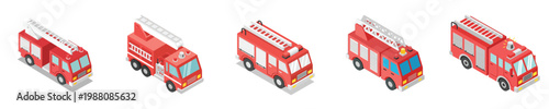 Schilderij op canvas Collection of five isometric red fire trucks, showcasing different angles and de