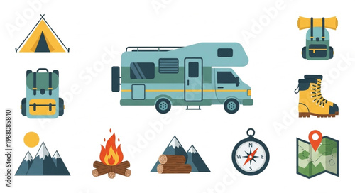 Camping and Outdoor Adventure Icons Set.