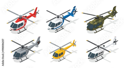 Isometric 3D render illustration set featuring a diverse array of various helicopter types, each distinct in color and design, providing a comprehensive aerial transport vehicle collection