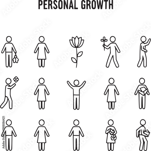 Personal growth journey illustration with diverse people progressing through life stages and achievements