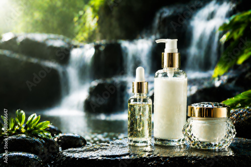 Skincare products on rock near natural waterfall in forest  natural beauty and wellness