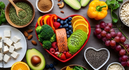 Heart-shaped arrangement of nutritious foods including salmon, avocado, berries, broccoli, and chia seeds, promoting a healthy lifestyle and vibrant well-being on a wooden surface.