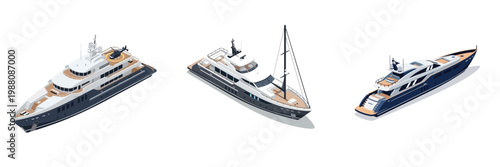 Collection of three modern luxury yachts, featuring sleek designs and premium finishes, perfect for exclusive maritime adventures and opulent leisure