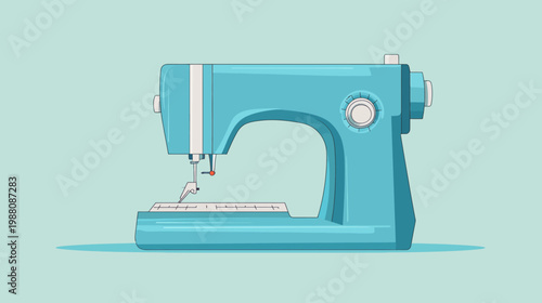A side view illustration of a turquoise sewing machine against a light blue background