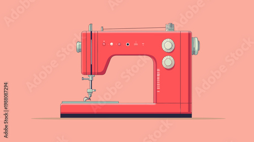 Pixelated illustration of a vintage, red sewing machine, displayed on a peachy background, vector style