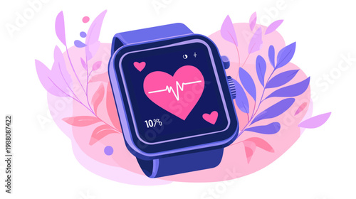 Illustration of a smartwatch with a heart monitor display, surrounded by stylized floral elements